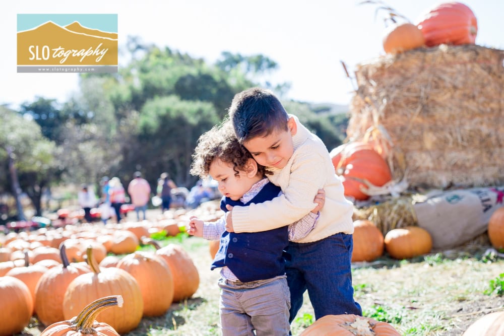 young brothers hug at pumpkin patch