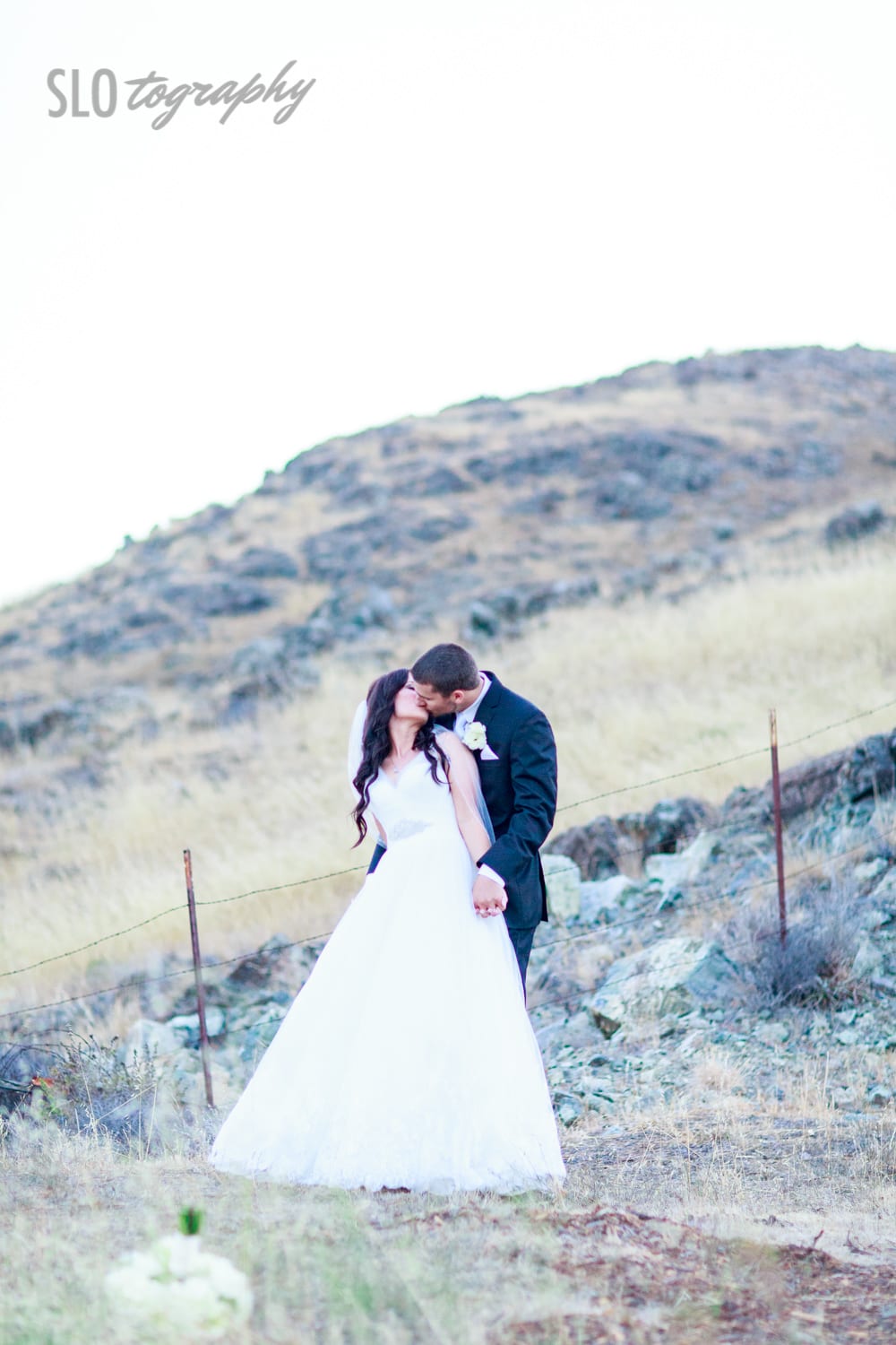 Bride and Groom Kiss on Hill